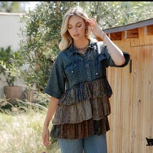 Y1 The Henrietta Denim Hooded Layered Ruffle Top/jacket